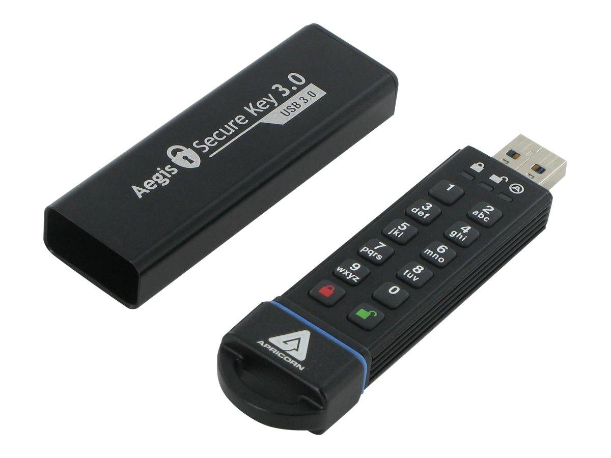 Aegis Secure Key 3.0 USB 3.0 verschlüsselter USB-Stick mit Schutzkappe, abgebildet neben dem tastaturbestückten Laufwerkgehäuse.