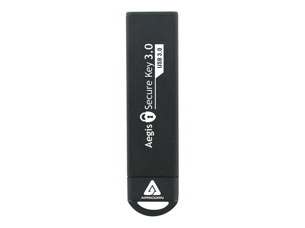 Black Apricorn Aegis Secure Key 3.0 USB-Stick mit weißem Logo und Schlüsselanhänger-Schlaufe, gezeigt auf weißem Hintergrund.