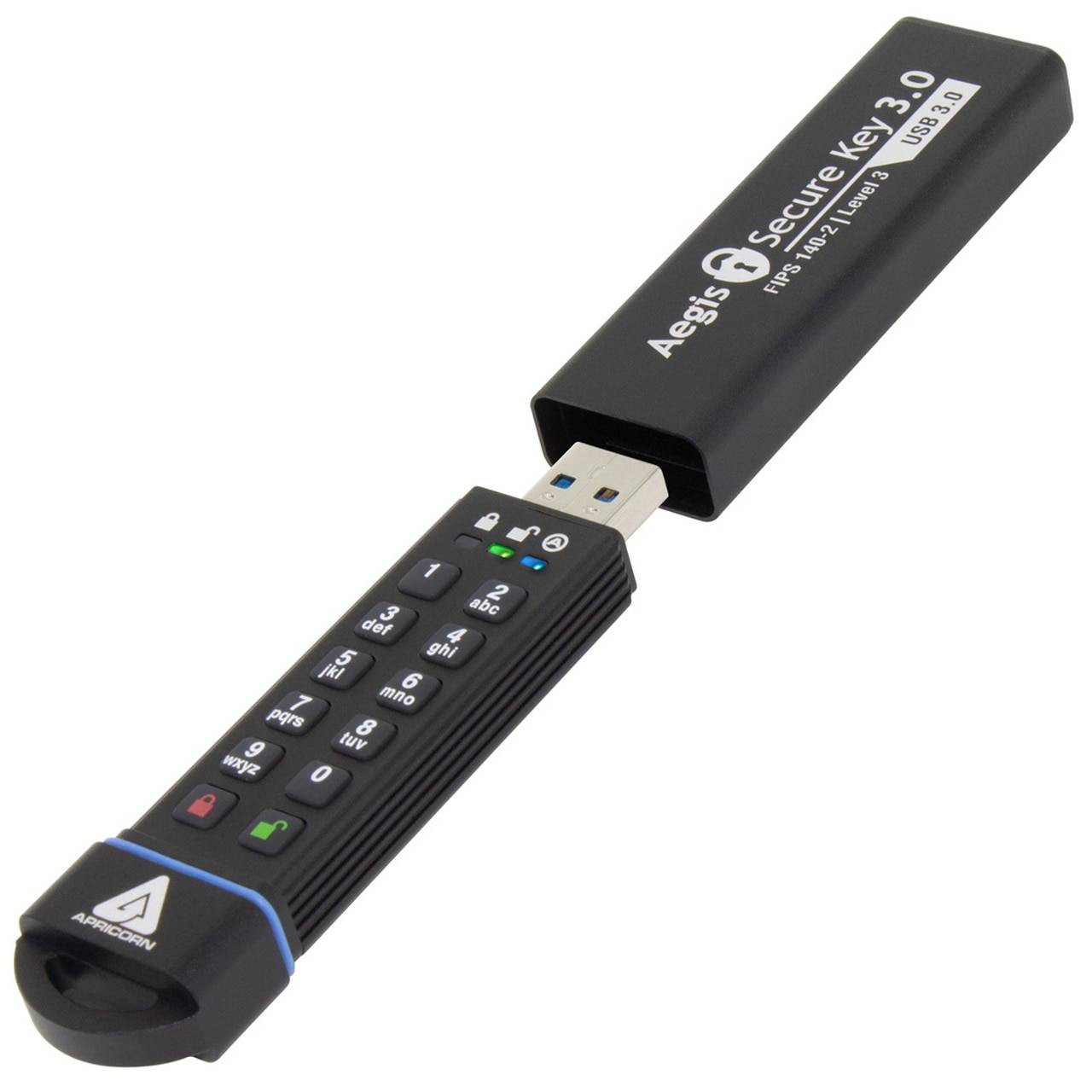 USB-Sicherheitsschlüssel mit integrierter Tastatur, teilweise in ein schwarzes Gehäuse des „Agis Secure Key 3.0" eingeführt.