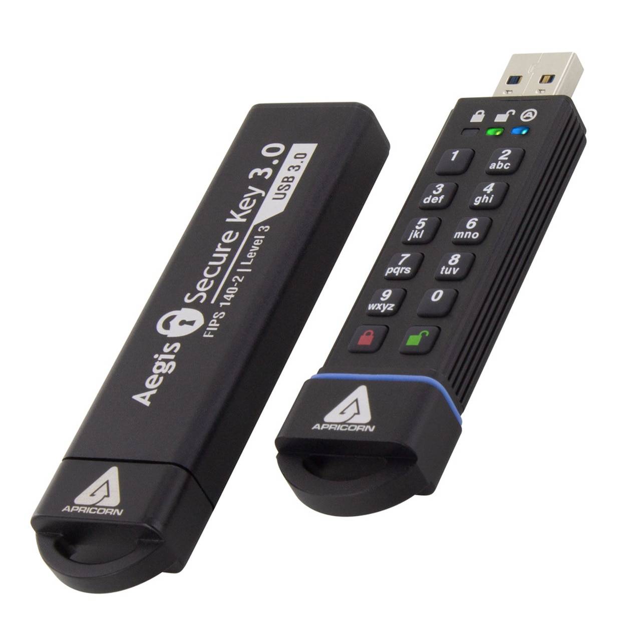 Zwei Apricorn Aegis Secure Key 3.0 USB-Speichersticks, einer mit Tastaturverriegelung, auf weißem Hintergrund dargestellt.