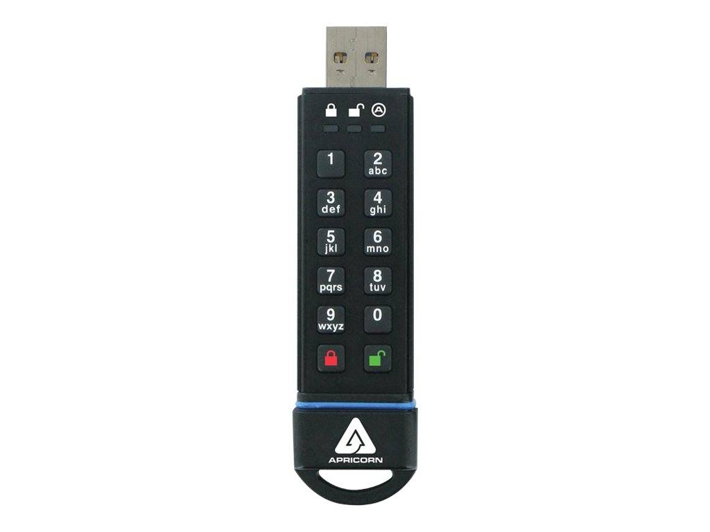 Ein schwarzes Apricorn USB-Speicherstick mit integriertem Zahlenpad zur Passwortschutz und Verriegelungs-/Entsperr-Tasten.