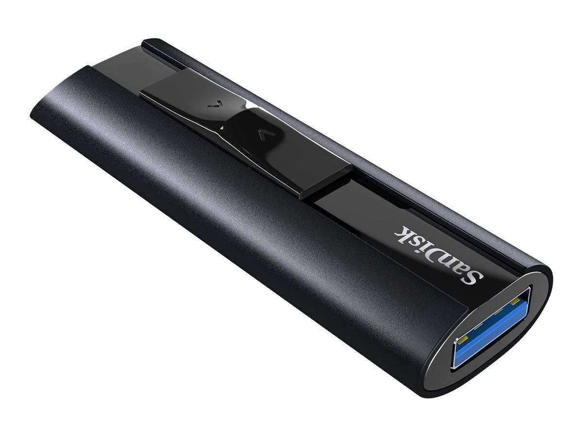 Schwarzes SanDisk USB-Speicherlaufwerk mit blauem USB-A-Anschluss und zwei Tasten oben, gezeigt auf weißem Hintergrund.