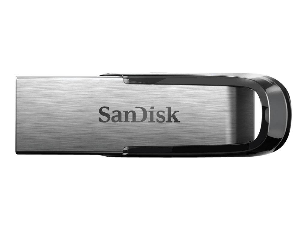 Ein silberner und schwarzer SanDisk USB-Stick auf weißem Hintergrund.