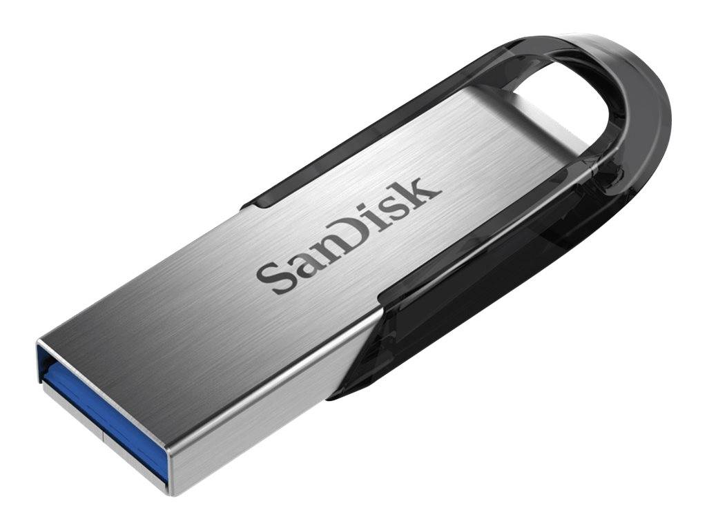 SanDisk USB-Speicherstick mit Metallgehäuse und schwarzer Kappe, auf weißem Hintergrund gezeigt.