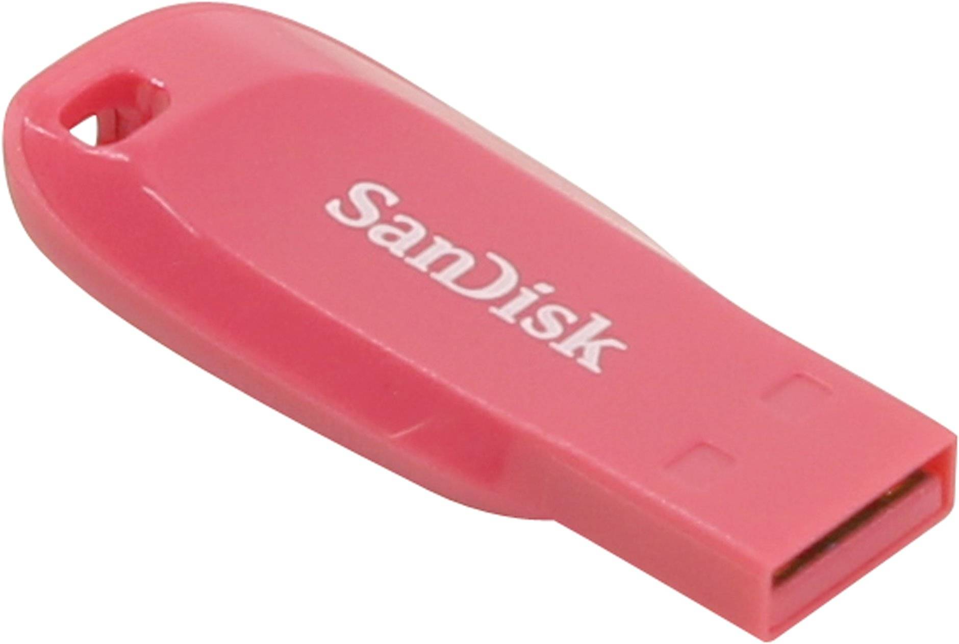 Rosa SanDisk USB-Speicherstick mit Schlüsselanhänger-Loch, gezeigt auf weißem Hintergrund.
