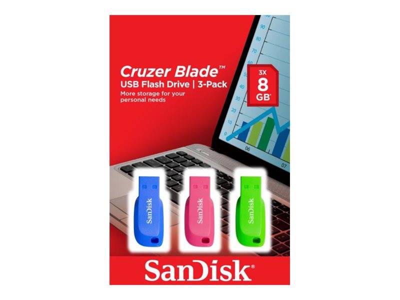 SanDisk Cruzer Blade USB-Stick 3er-Pack in Blau, Rosa und Grün, mit je 8 GB, neben einem Laptop dargestellt.
