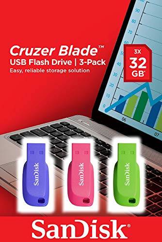 SanDisk Cruzer Blade USB-Stick 3er-Pack in Blau, Rosa und Grün, dargestellt mit „32 GB
