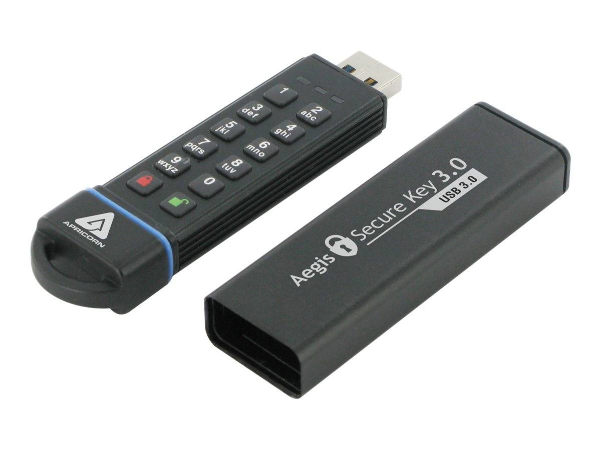 Zwei schwarze USB-Sicherheitstoken: einer mit einer Tastatur und einem Logo, der andere mit der Aufschrift „Aegis Secure Key 3.0 USB 3.0".