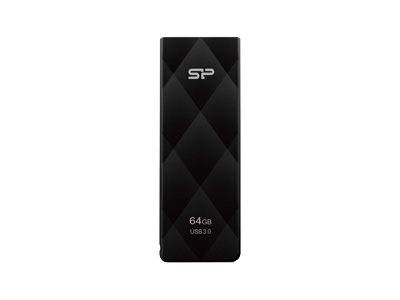 Schwarzes SP USB-Speicherlaufwerk mit Bezeichnung 64GB USB 3.0 auf weißem Hintergrund.