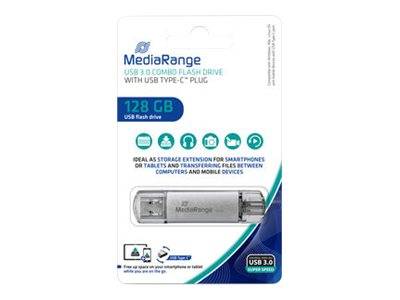 Verpackung für einen MediaRange 128 GB USB 3.0 Combo-Speicherstick mit USB Typ-C Stecker, zeigt das Laufwerk und Kompatibilitätssymbole.