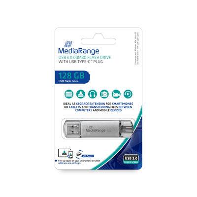 MediaRange 128 GB USB 3.0 Kombinations-Speicherstick mit USB Typ-C-Stecker, abgebildet auf einer Einzelhandelsfaltschachtel für Smartphones, Tablets und Computer.