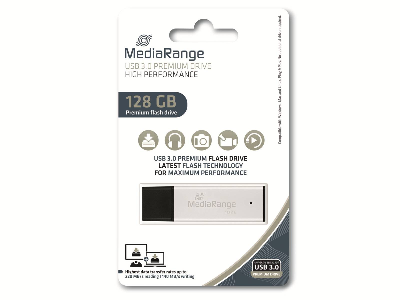 MediaRange 128 GB USB 3.0 Premium-Speicherstick-Paket, zeigt den USB-Stick und die behaupteten hochleistungs-Datenübertragungsgeschwindigkeiten.
