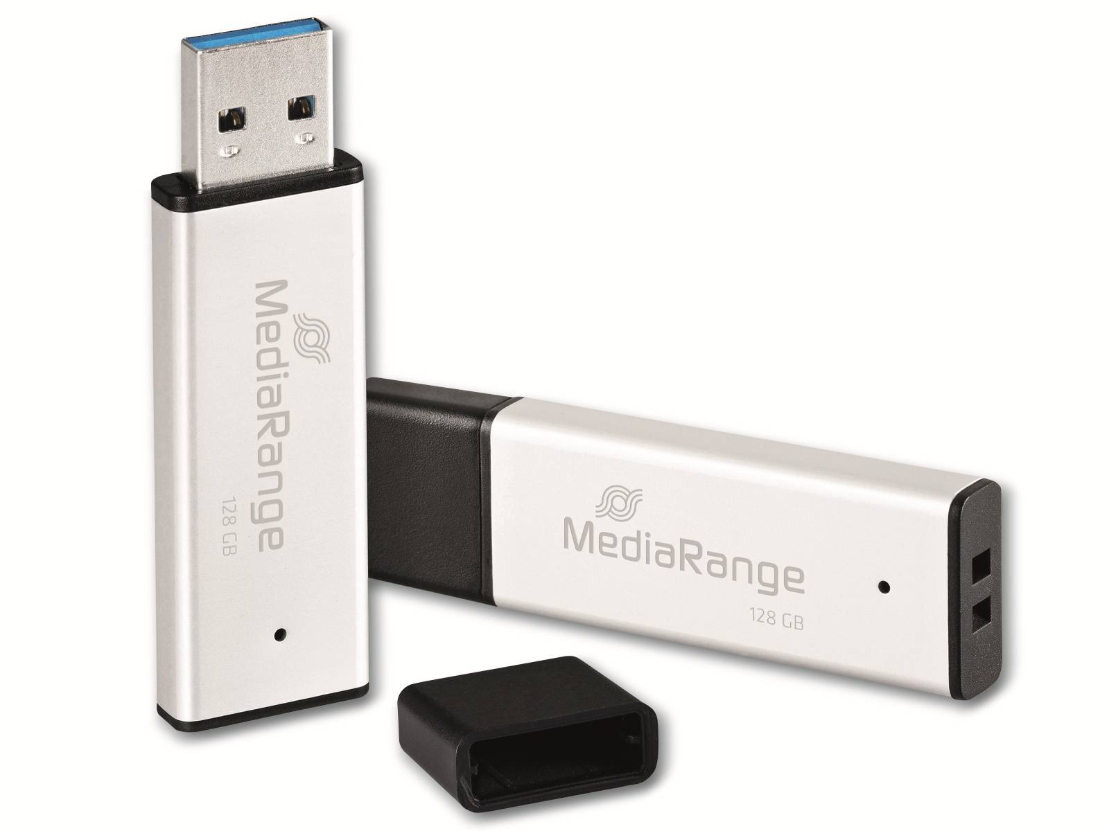 Zwei MediaRange USB-Sticks mit 128 GB Speicherkapazität in Silber und Schwarz, einer mit abgenommener Kappe und einer mit der daneben gezeigten Kappe.