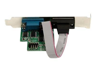 Elektronische Leiterplatte mit einem blauen und schwarzen Stecker, verbunden durch ein graues Flachbandkabel, montiert auf einer kleinen weißen Halterung.