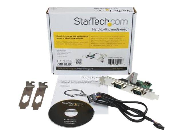 StarTech.com Seriell-Anschluss-Adapter-Kit mit Schachtel, PCI-Halterung, Installations-CD, Kabel und zwei Adapter-Karten auf weißem Hintergrund.
