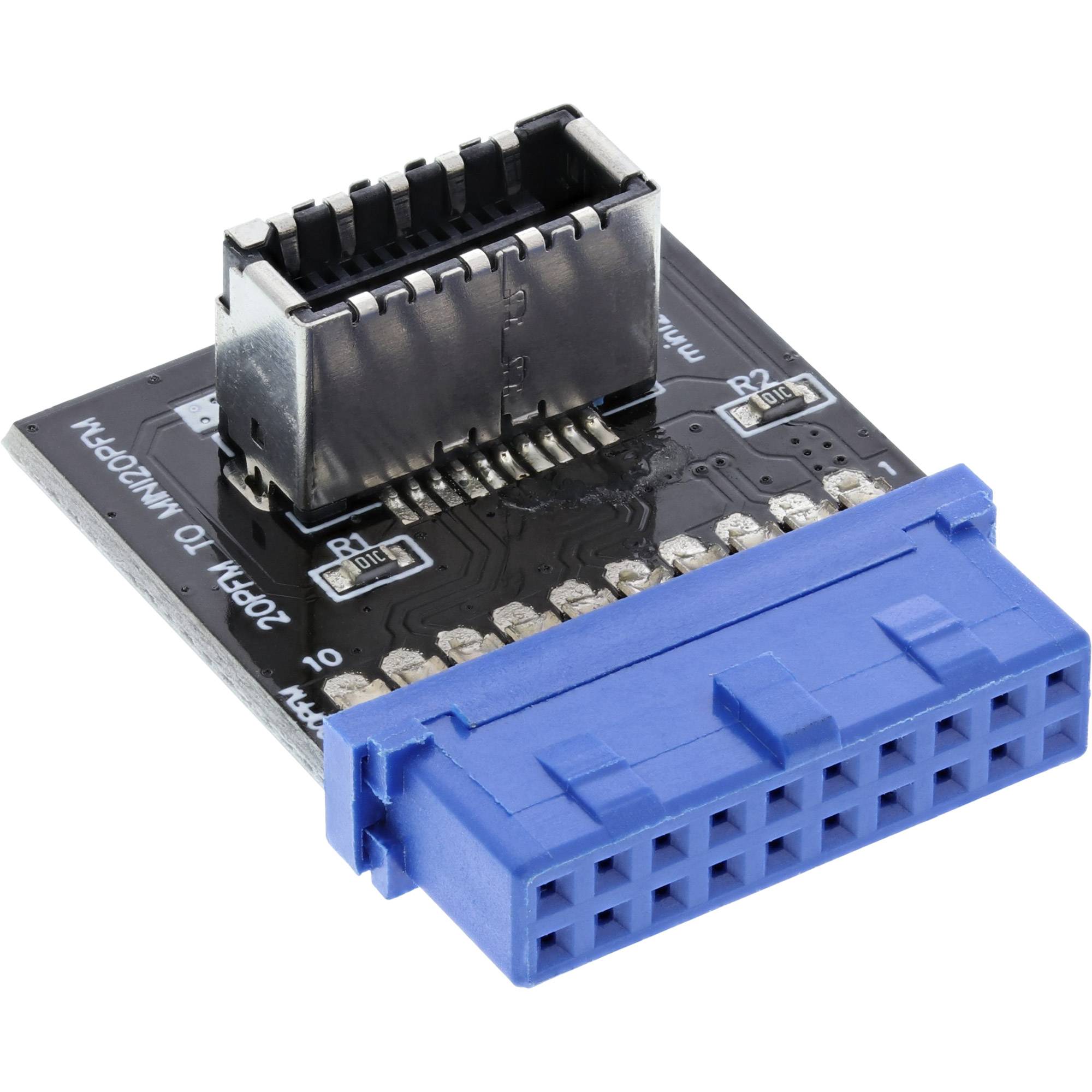 Kleine elektronische Adapterplatine mit schwarzer Buchse und blauem 20-poligem Stecker auf weißem Hintergrund.
