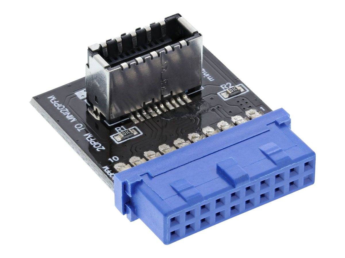 Nahaufnahme eines blauen 20-poligen internen PC-Adapter-Steckers, der auf einer kleinen schwarzen Leiterplatte mit einer Metallbuchse montiert ist.