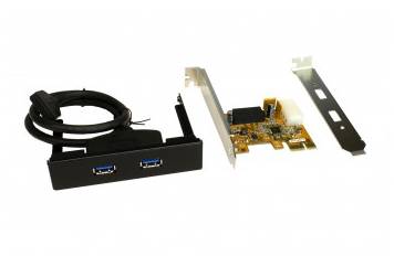 Computererweiterungskit mit doppeltem USB-3.0-Front-Panel-Anschlussträger, Kabel und PCIe-Adapterkarte mit Befestigungshalterung.