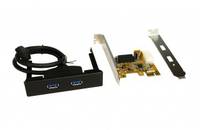 PCIe-USB-3.0-Erweiterungskarten-Set mit zwei USB-Anschlüssen an der Frontplatte, internem Kabel und Montageklammern auf weißem Hintergrund