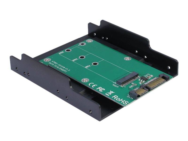 Grüner PCB-Speicheradapter in schwarzer Metallhalterung montiert, mit sichtbaren Anschlussstiften und Befestigungslöchern.