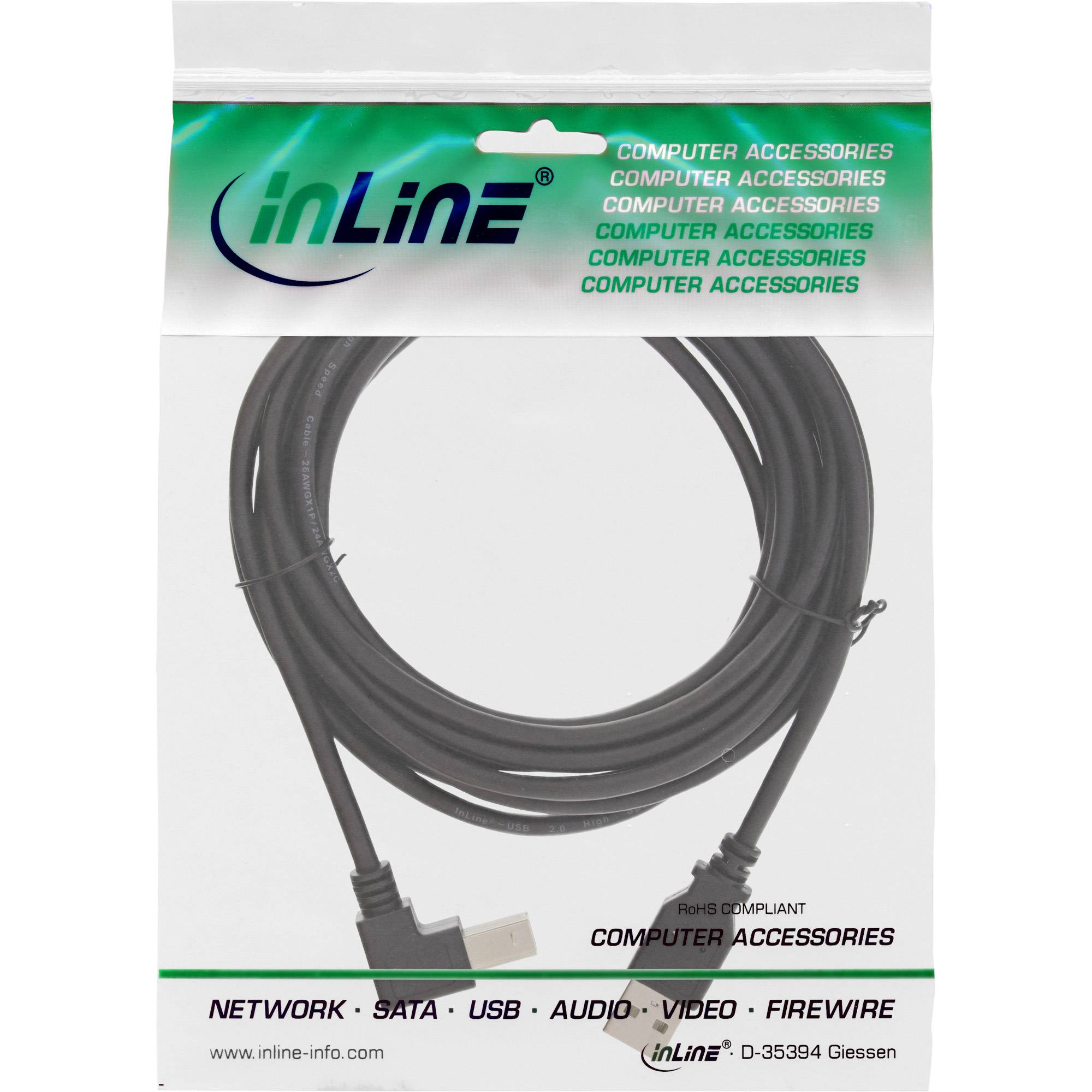 INLINE - USB 2.0 Kabel - A an B unten abgewinkelt - schwarz - 3m