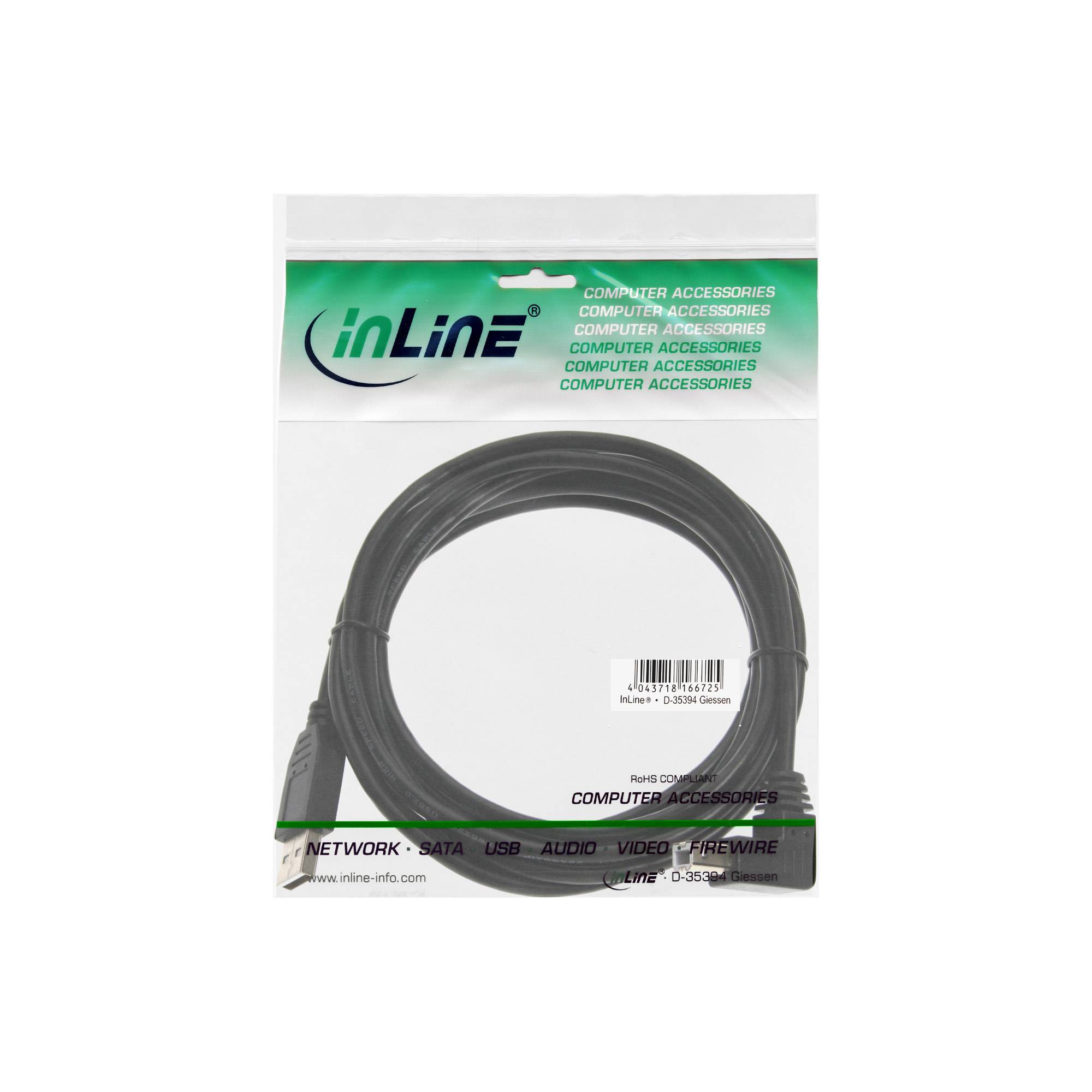 INLINE - USB 2.0 Kabel - A an B unten abgewinkelt - schwarz - 3m