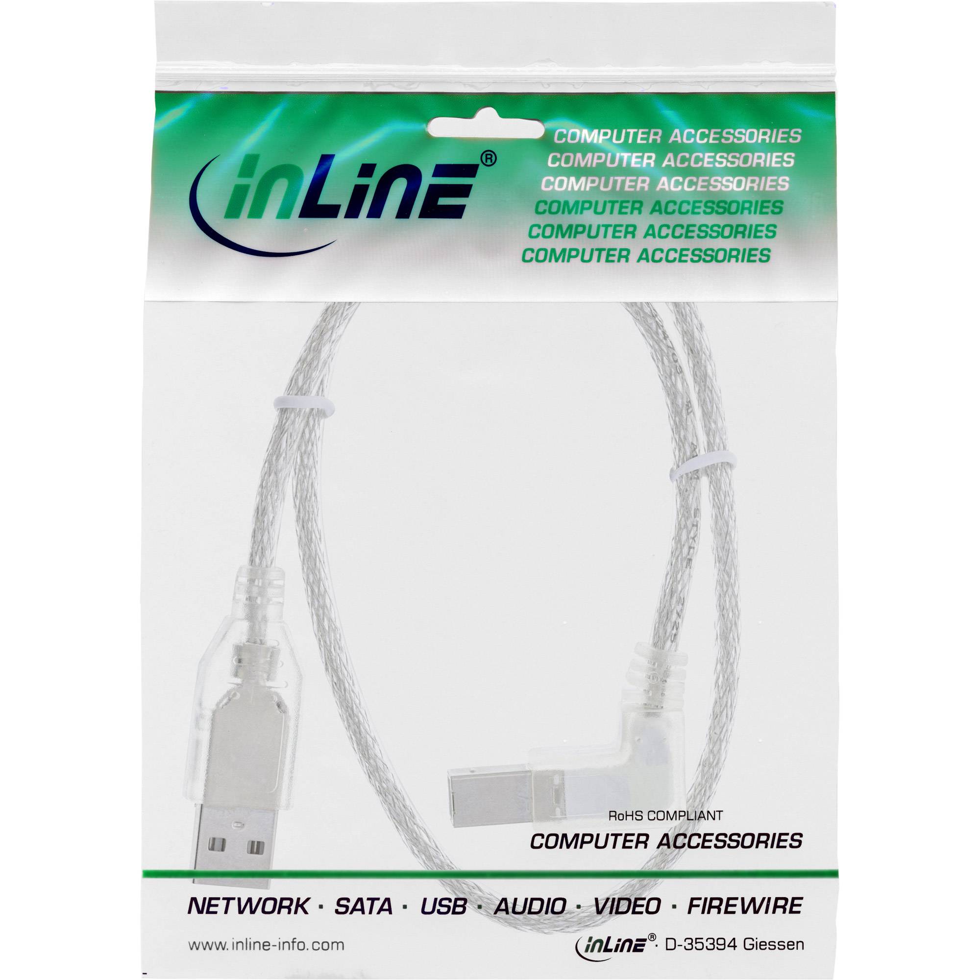 INLINE - USB 2.0 Kabel - A an B rechts abgewinkelt - transparent - 3m
