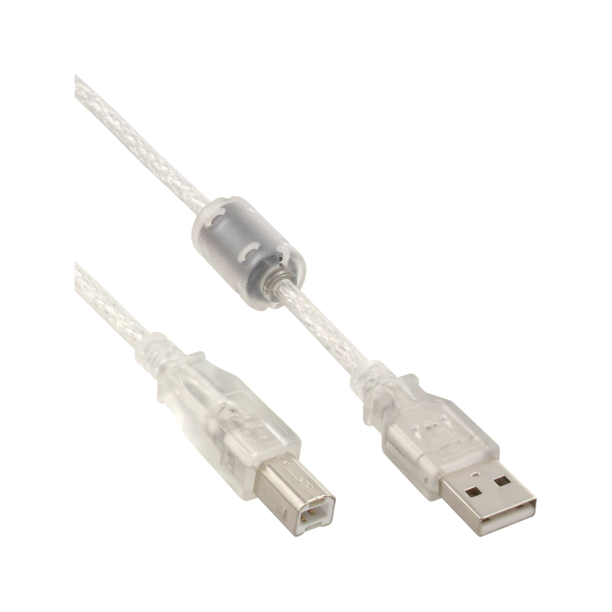 INLINE - USB 2.0 Kabel - A an B - transparent - mit Ferritkern - 5m