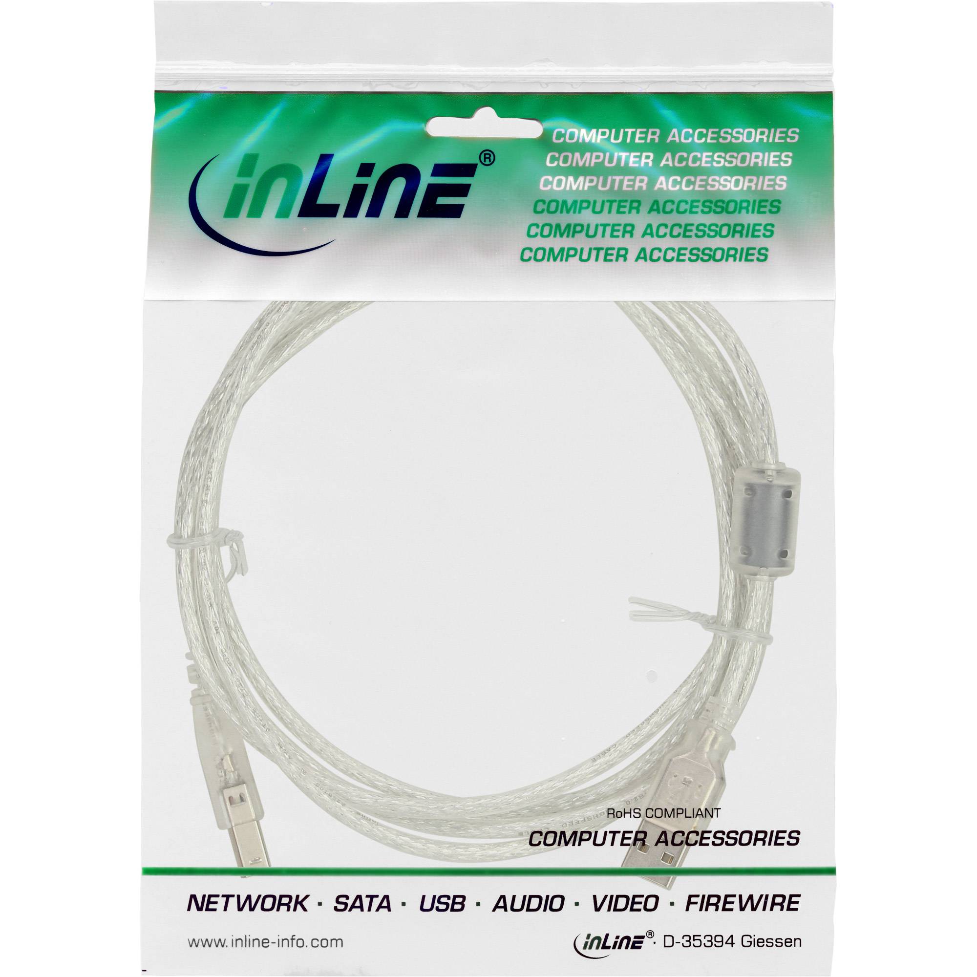 INLINE - USB 2.0 Kabel - A an B - transparent - mit Ferritkern - 5m