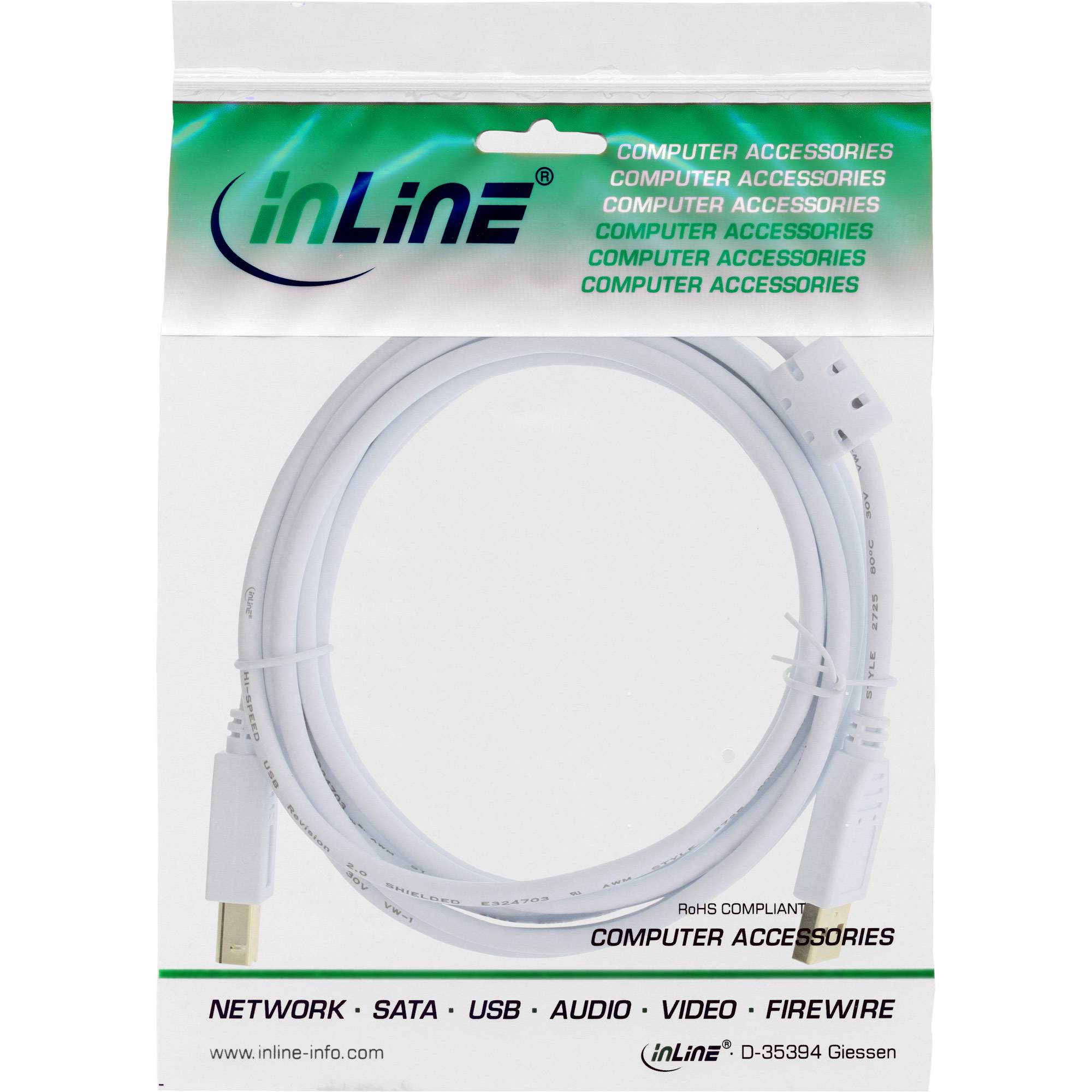INLINE - USB 2.0 Kabel - A an B - weiß / gold - mit Ferritkern - 3m