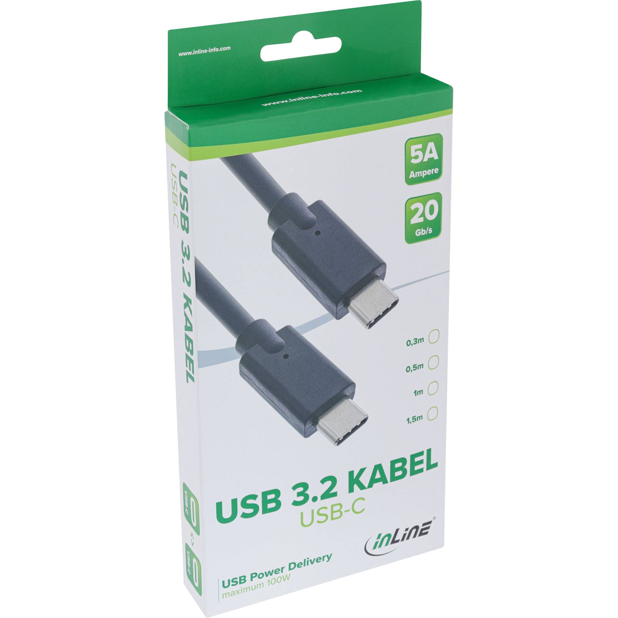 Retail-Box für ein USB 3.2 USB-C-Kabel, gekennzeichnet mit 5A, 20 Gbit/s und USB Power Delivery, mit Darstellung der Kabelenden und inLine-Branding.