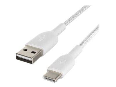 Weißes USB-A-auf-USB-C-Ladekabel mit geflochtenem Kabelmantel und Metallverbindern auf weißem Hintergrund