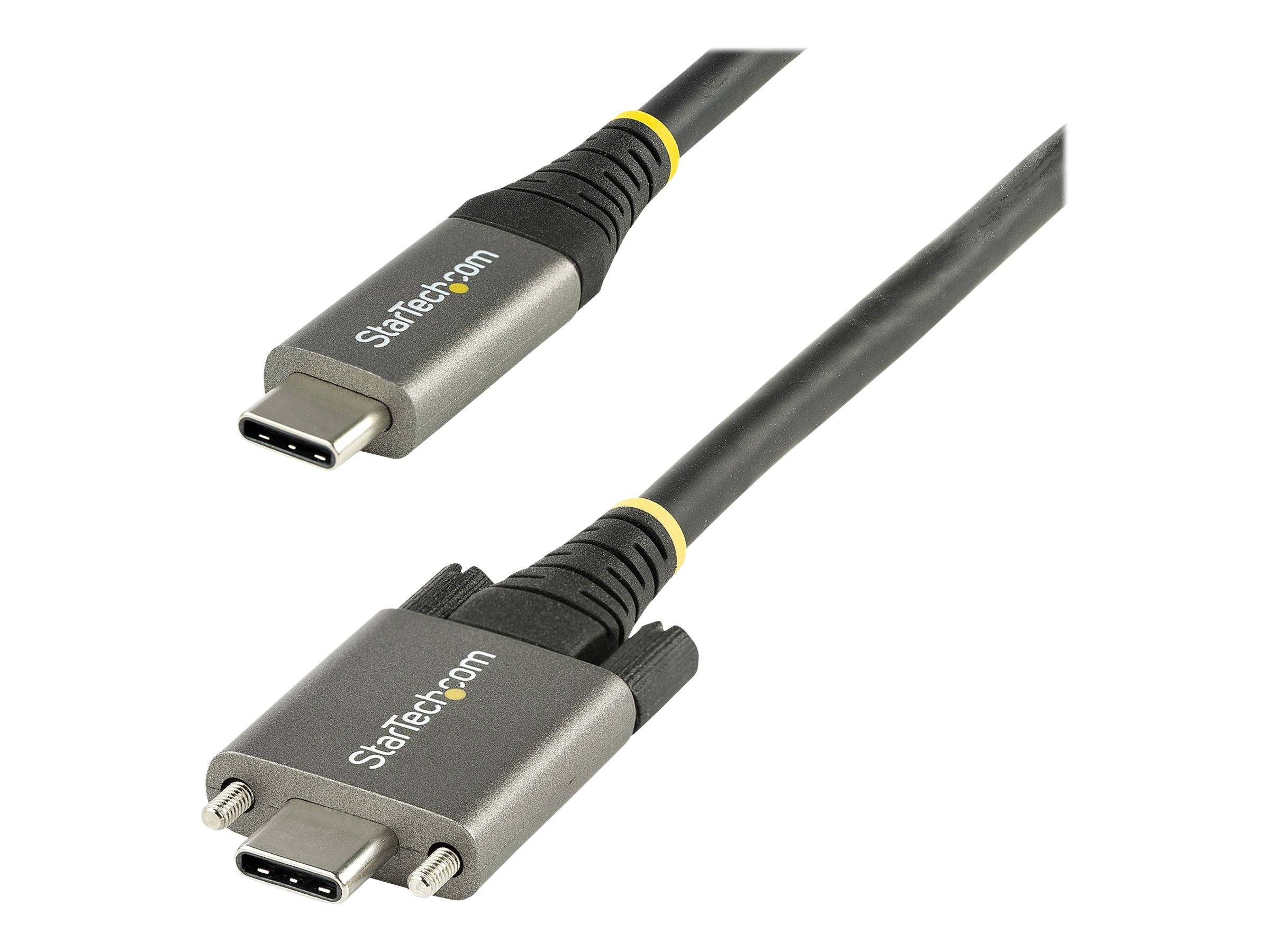 Zwei USB-C-Kabelenden von StarTech werden gezeigt, ein Standard-USB-C-Stecker und ein USB-C-Stecker mit Seitenschrauben zur sicheren Befestigung.