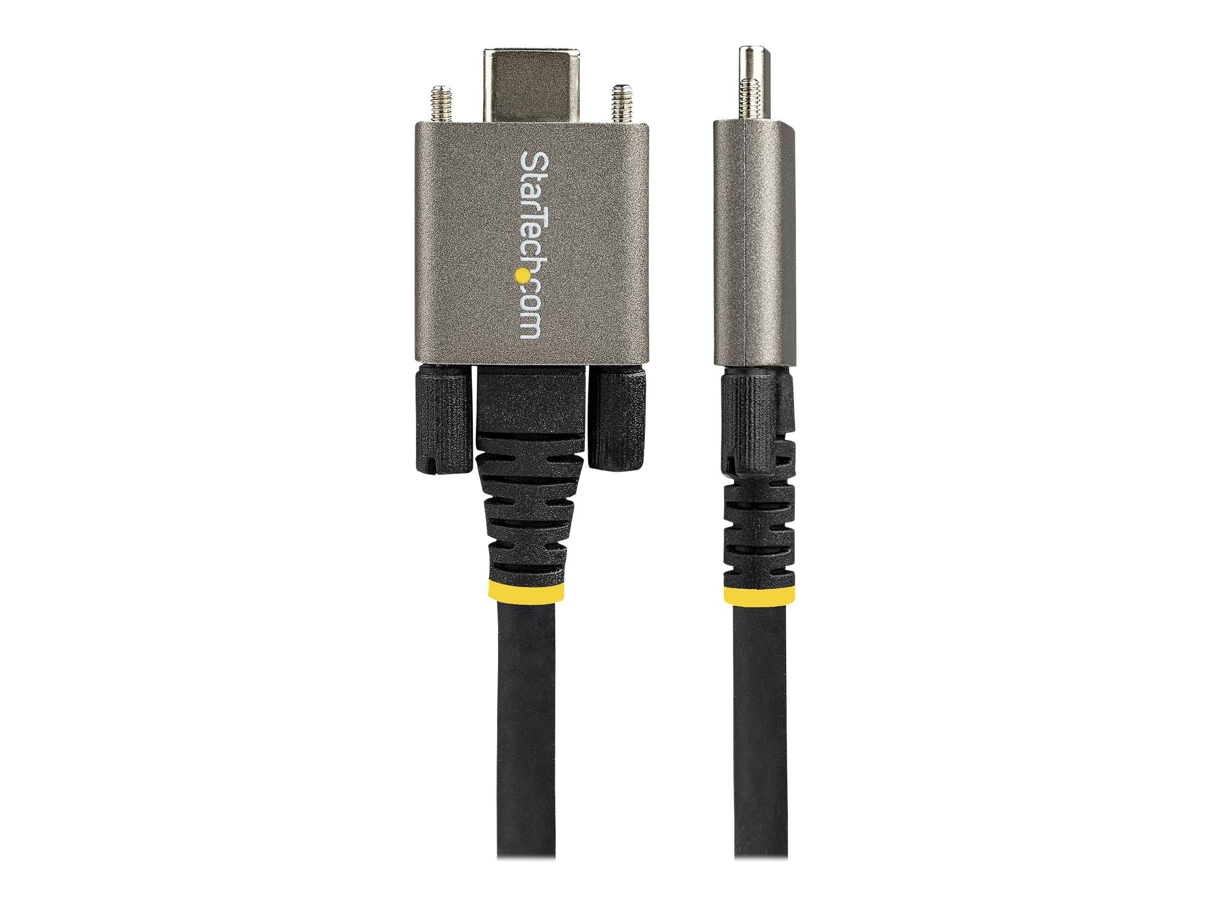 Zwei schwarze StarTech.com-Displaykabel nebeneinander, eines mit einem rechteckigen Stecker und das andere mit einem schlanken runden Stecker.