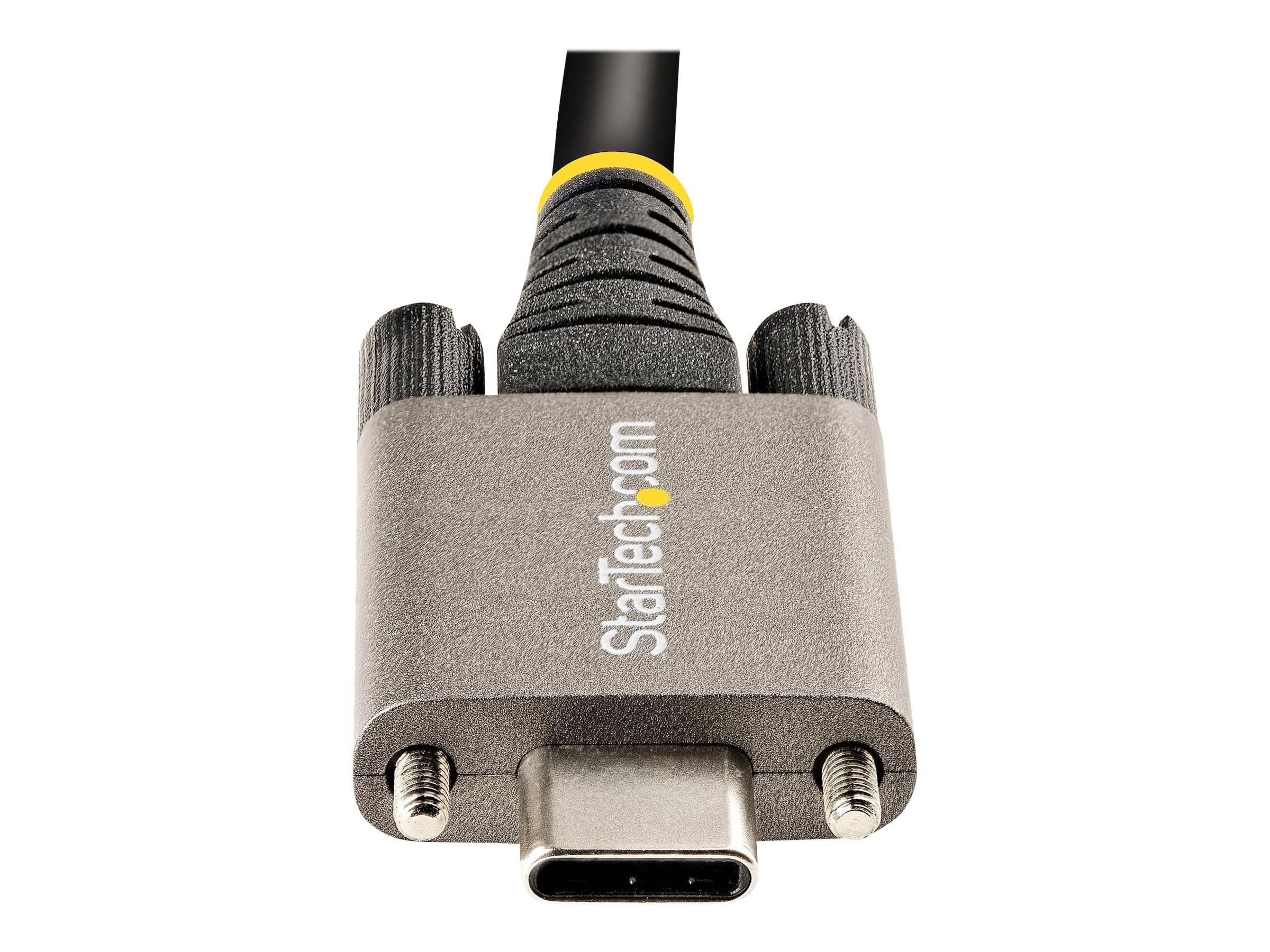 Nahaufnahme eines USB-C-Kabelsteckers mit grauem StarTech.com-Gehäuse und schwarzer Zugentlastung auf weißem Hintergrund.