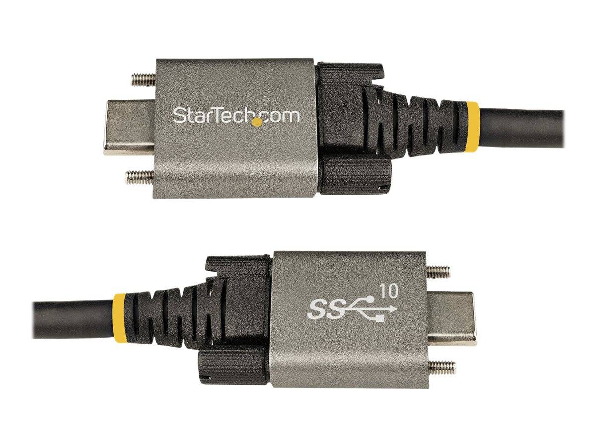 Zwei Ansichten eines StarTech.com USB-C-auf-USB-C-Kabelsteckers, die die Metallstecker und das gedruckte Branding zeigen.