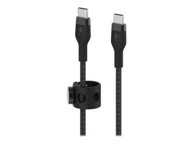 Zwei schwarze USB-C-Kabel, eines mit einem verstellbaren zylindrischen Kabelclip in der Nähe der Mitte befestigt.