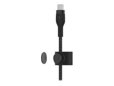 Schwarzes USB-C-Kabel mit magnetischem Clip-Kabelhalter, gezeigt auf weißem Hintergrund.