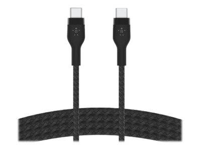 Zwei schwarze USB-C-Ladekabel mit geflochtenen Kabeln werden vor einem weißen Hintergrund gezeigt, nebeneinander angeordnet mit Steckverbindern oben.