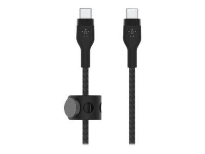 Zwei schwarze USB-C-Kabel nebeneinander dargestellt, eines mit einer Inline-Befestigungsclip oder -halterung in der Mitte.