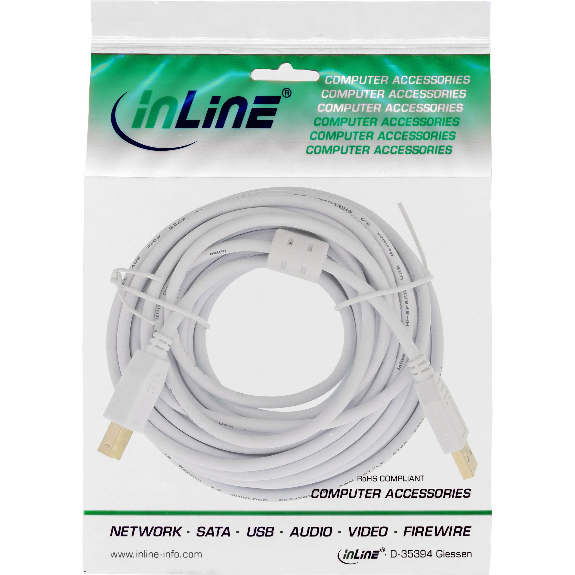 INLINE - USB 2.0 Kabel - A an B - weiß / gold - mit Ferritkern - 10m
