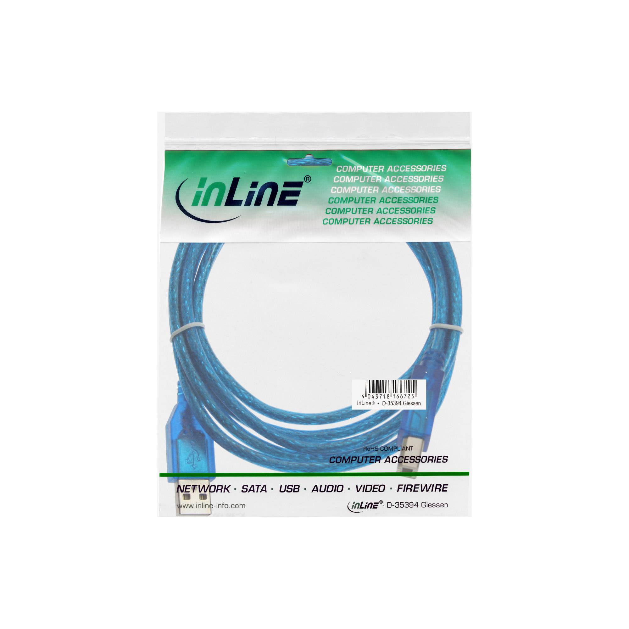 INLINE - USB 2.0 Kabel - A an B - blau-transparent - 3m