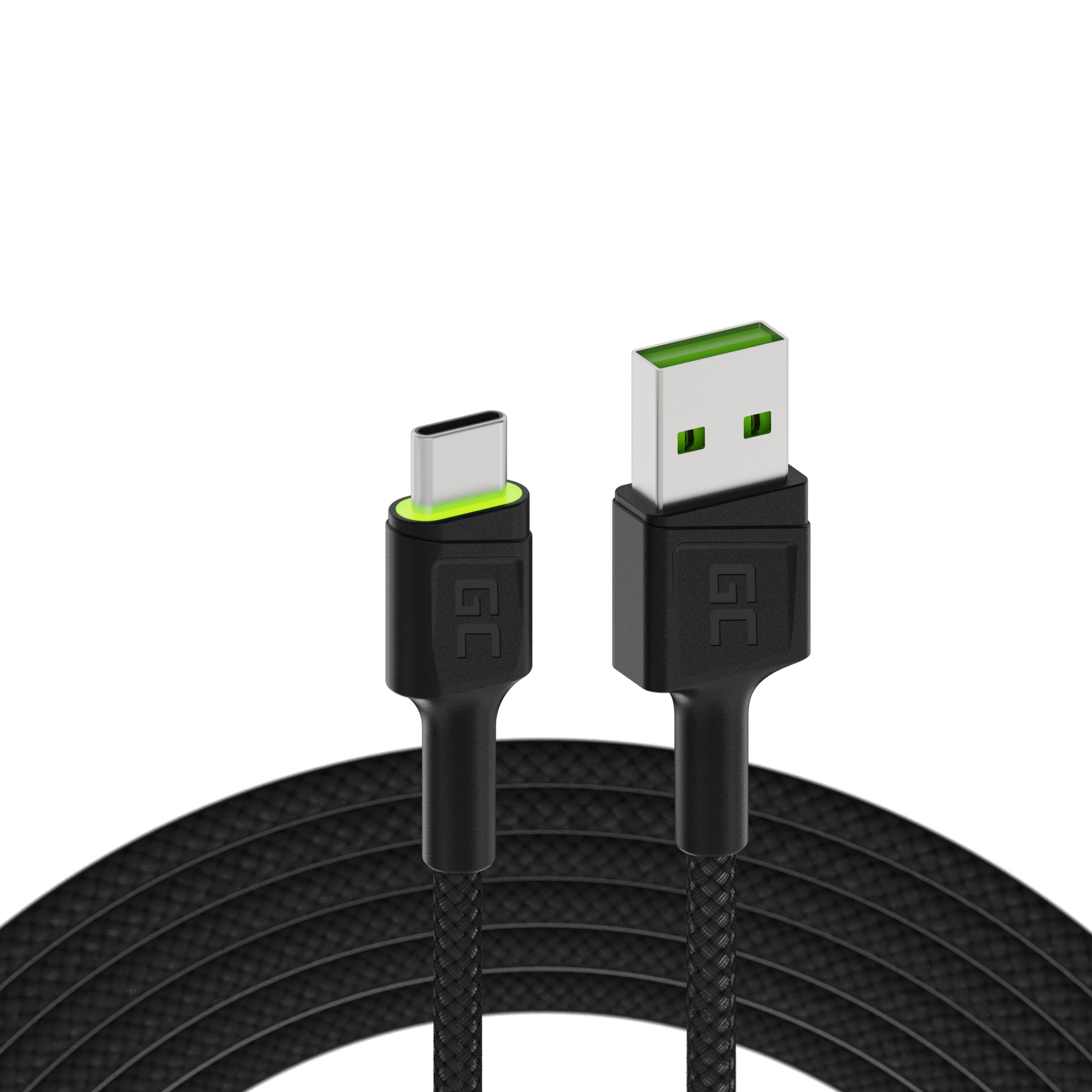 Zwei geflochtene USB-Kabel nebeneinander gezeigt, eines mit einem USB-C-Stecker und eines mit einem USB-A-Stecker, auf weißem Hintergrund.