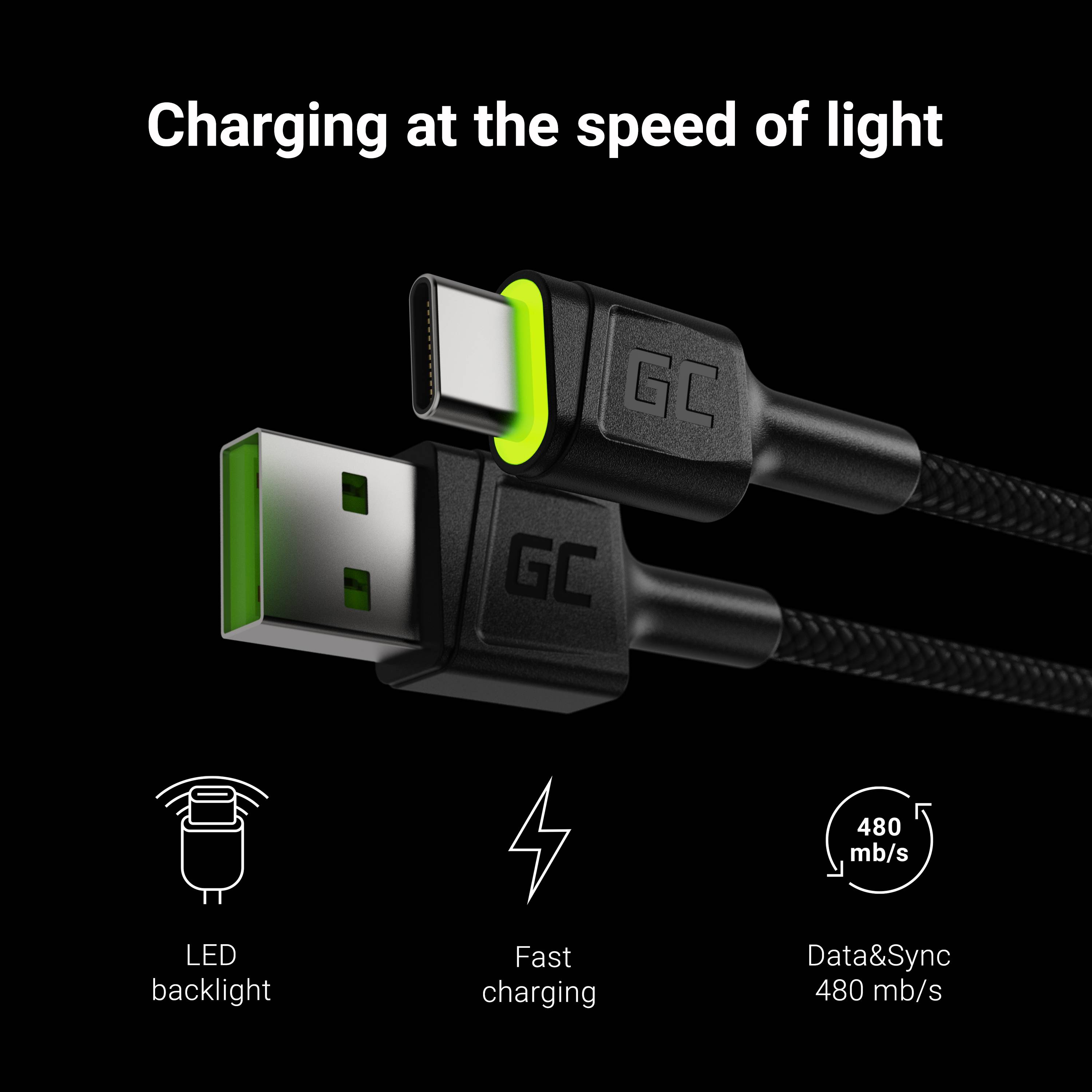 Werbebild eines USB-A zu USB-C Ladekabels mit leuchtender LED-Stecker, Text besagt „Aufladen mit Lichtgeschwindigkeit