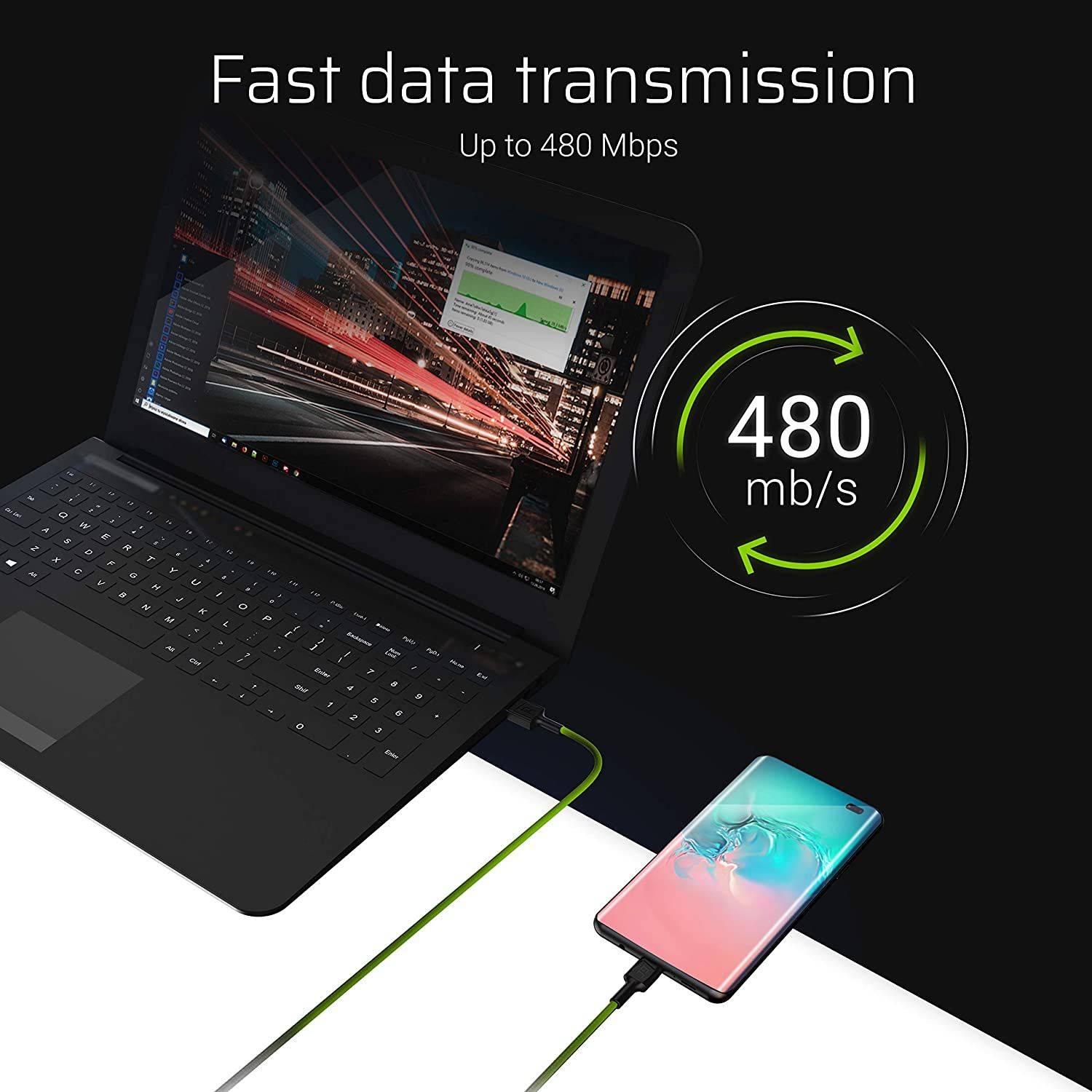 USB-A - USB-C Kabel 2 m Grüne LED Schnellladekabel 480Mps