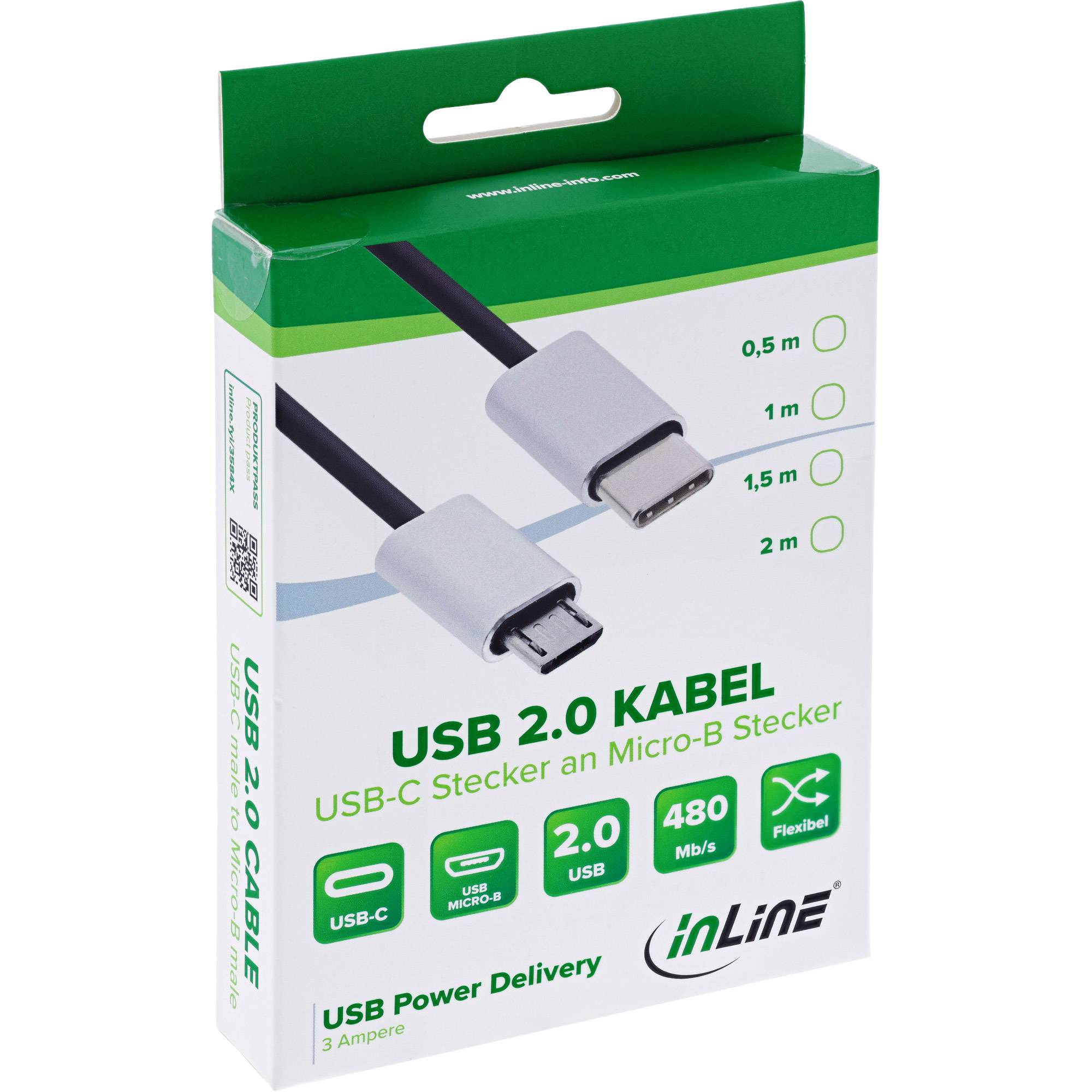 INLINE - USB 2.0 Kabel - USB-C ST an Micro-B ST - schwarz/Alu - flexibel - 1,5m