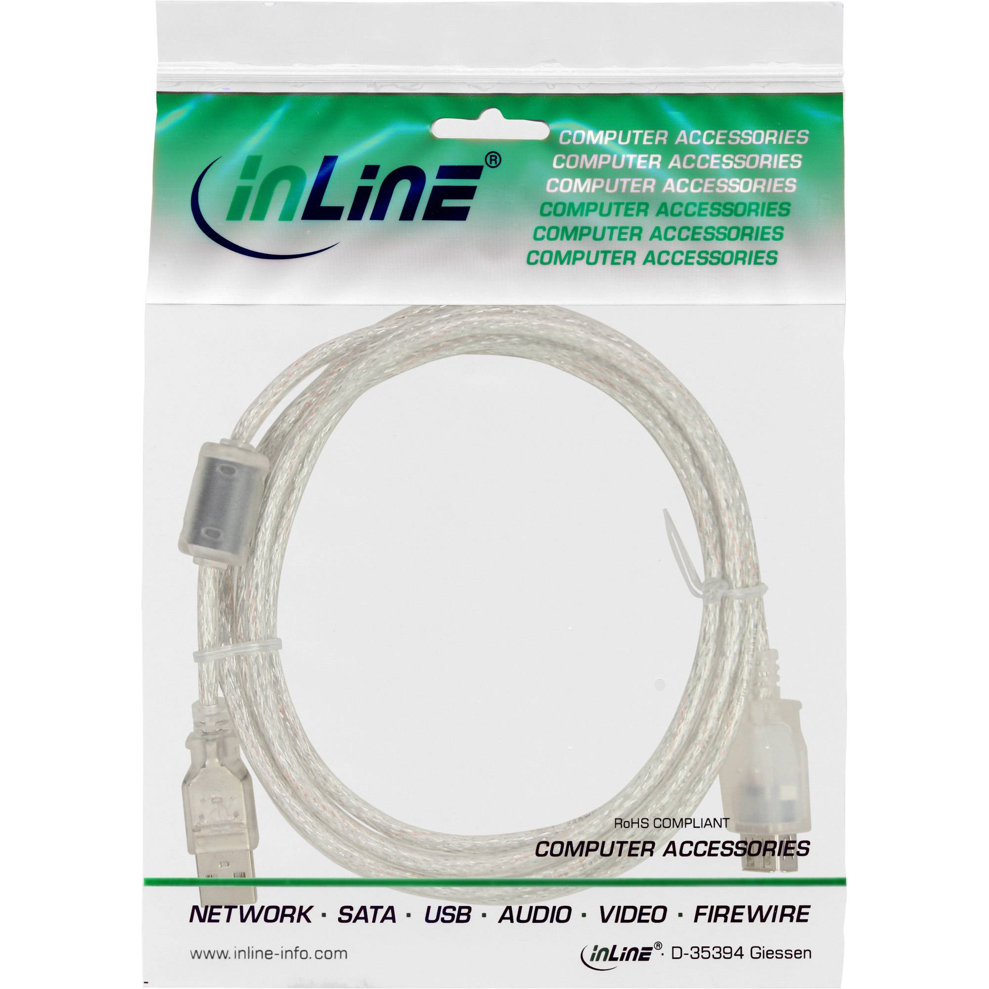 INLINE - USB 2.0 Verlängerung - St/Bu - Typ A - transparent - mit Ferritkern 0,5m