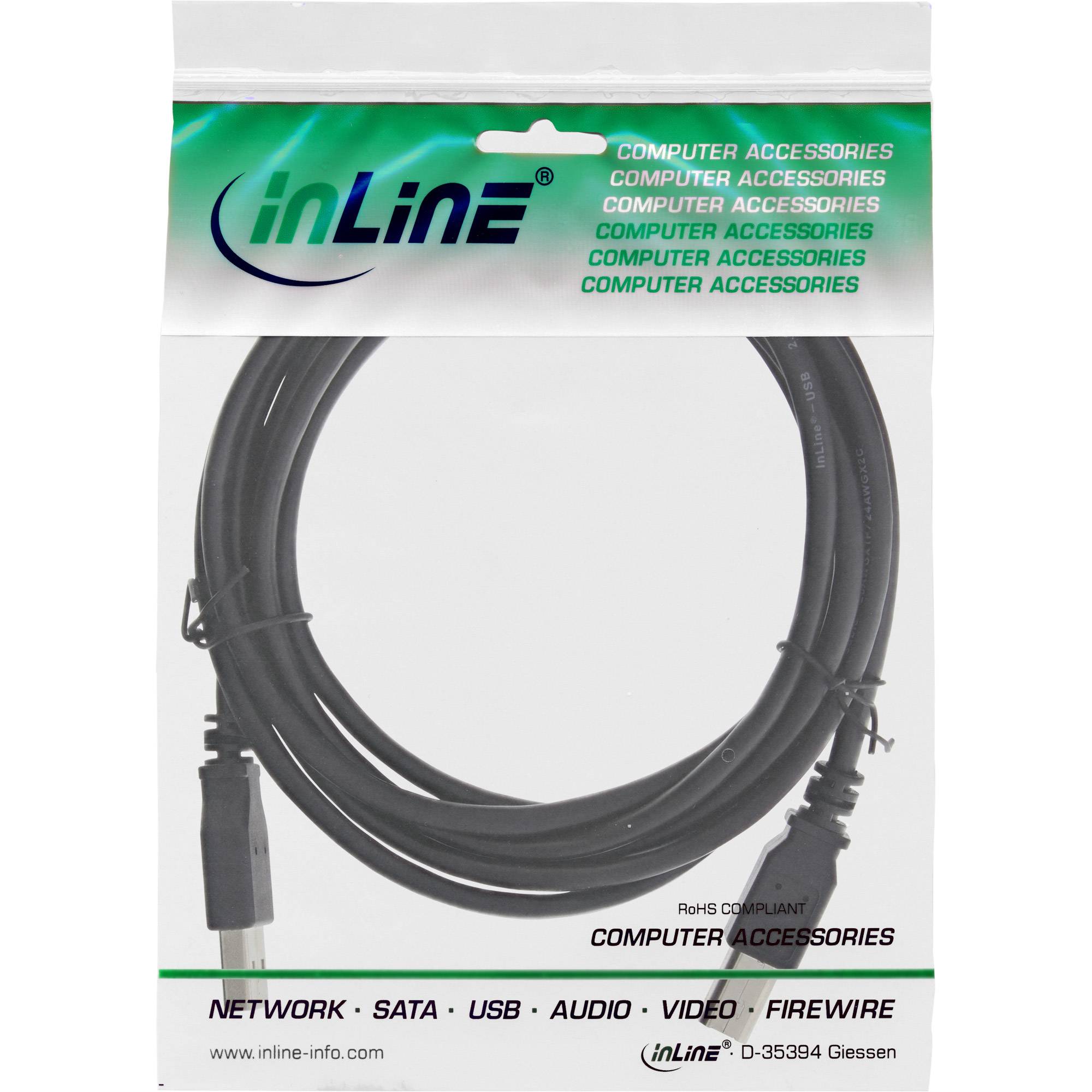Verpacktes InLine-Computerzubehörkabel, aufgerolltes schwarzes Kabel in einer durchsichtigen Plastiktüte mit den Aufklebern „COMPUTERZUBEHÖR" und „NETZWERK • SATA • USB • AUDIO • VIDEO • FIREWIRE"".