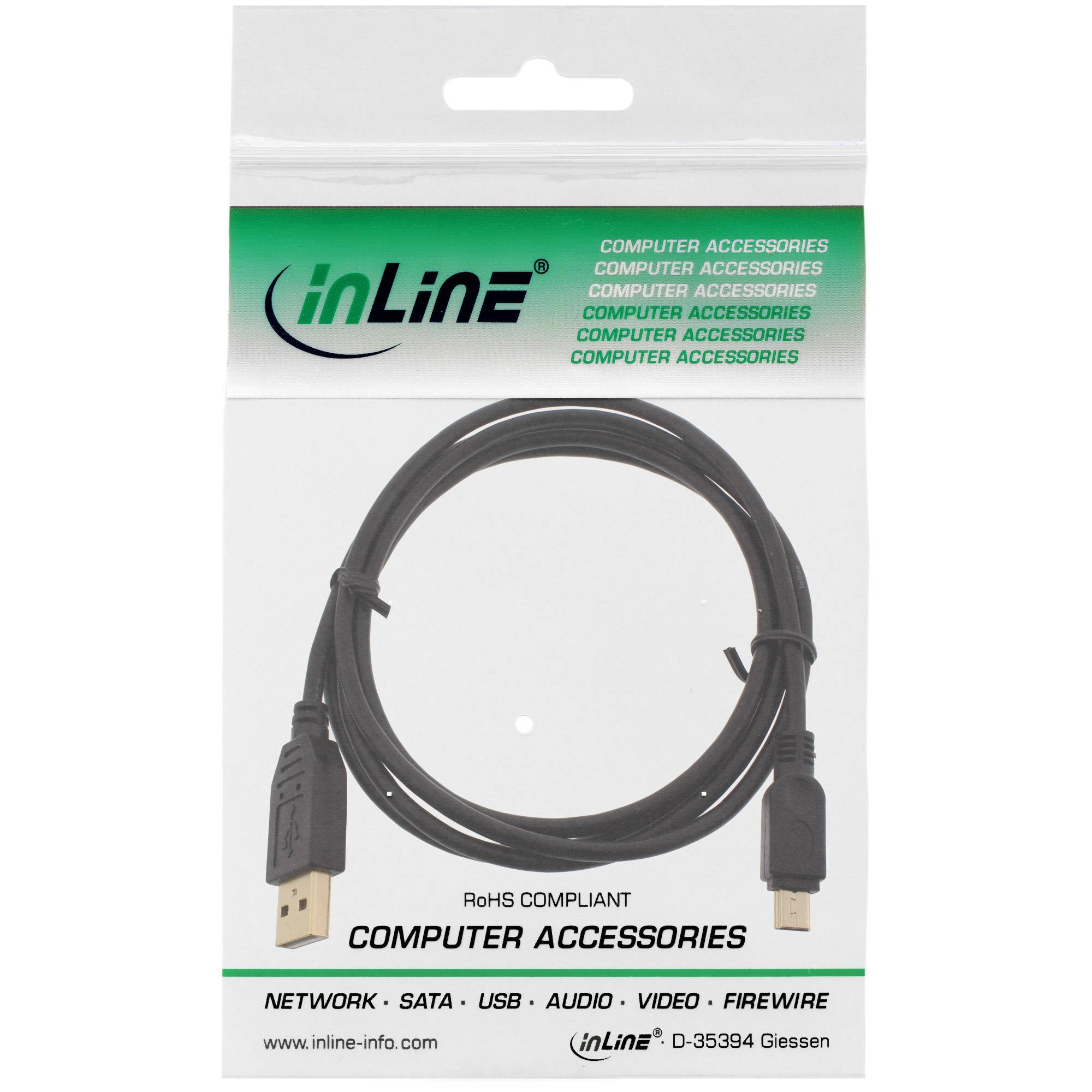 INLINE - USB 2.0 Mini-Kabel - USB A ST/Mini ST 5pol - schwarz - vergold. Kont. - 0,3m