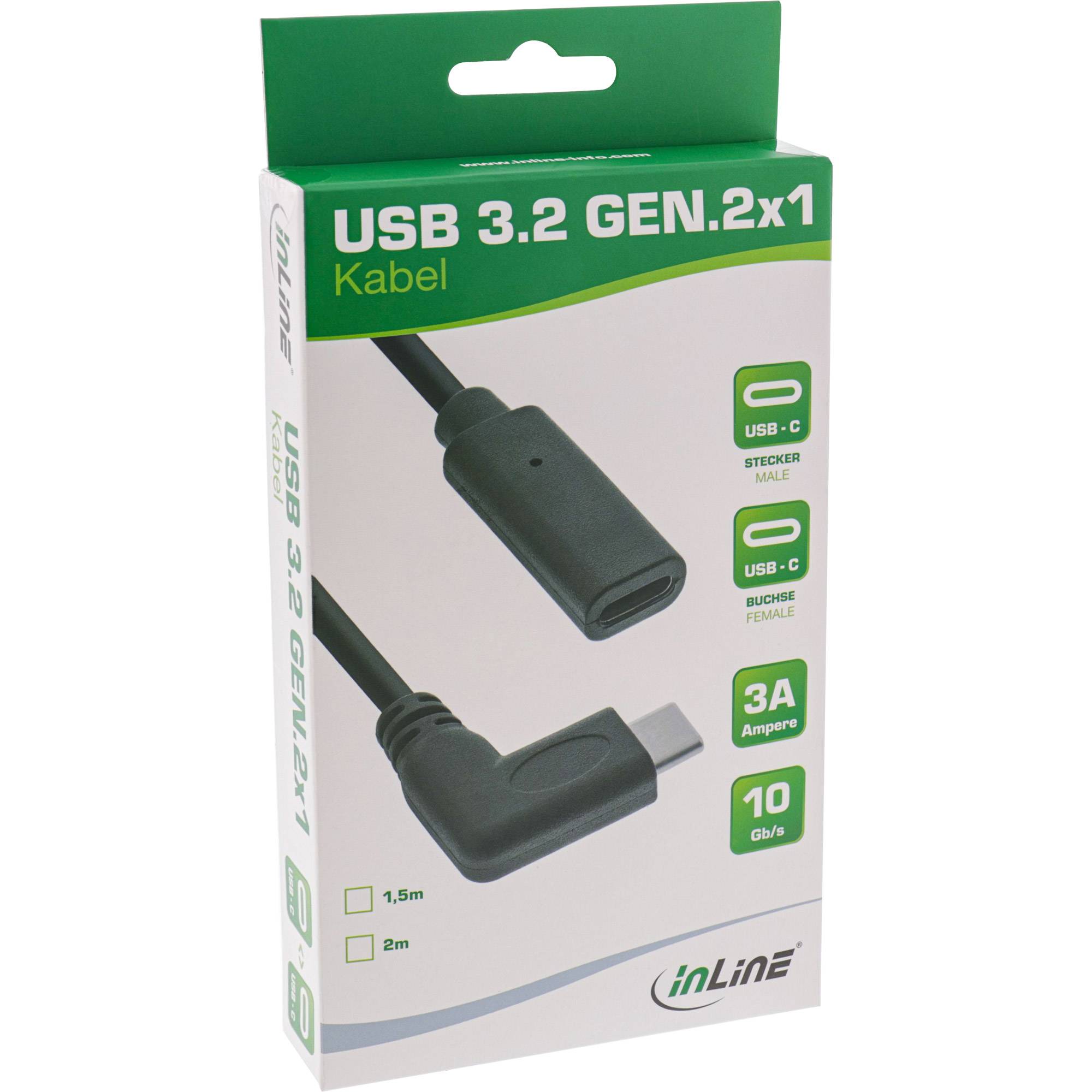 INLINE - USB 3.2 Gen.1x2 Kabel - USB-C Verl. - ST gewinkelt auf BU - schwarz 2m